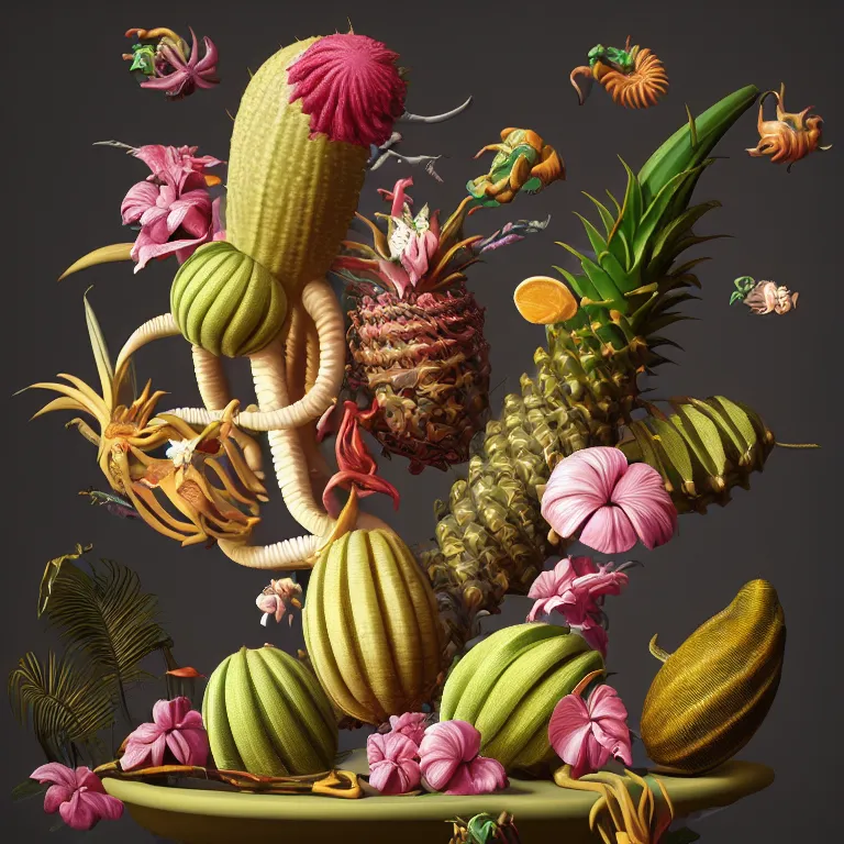 Image similar to still life of surreal alien pastel tropical flowers, surreal alien ribbed tropical fruit, white human spine, baroque painting, beautiful detailed intricate insanely detailed octane render, 8K artistic photography, photorealistic, chiaroscuro, Raphael, Caravaggio