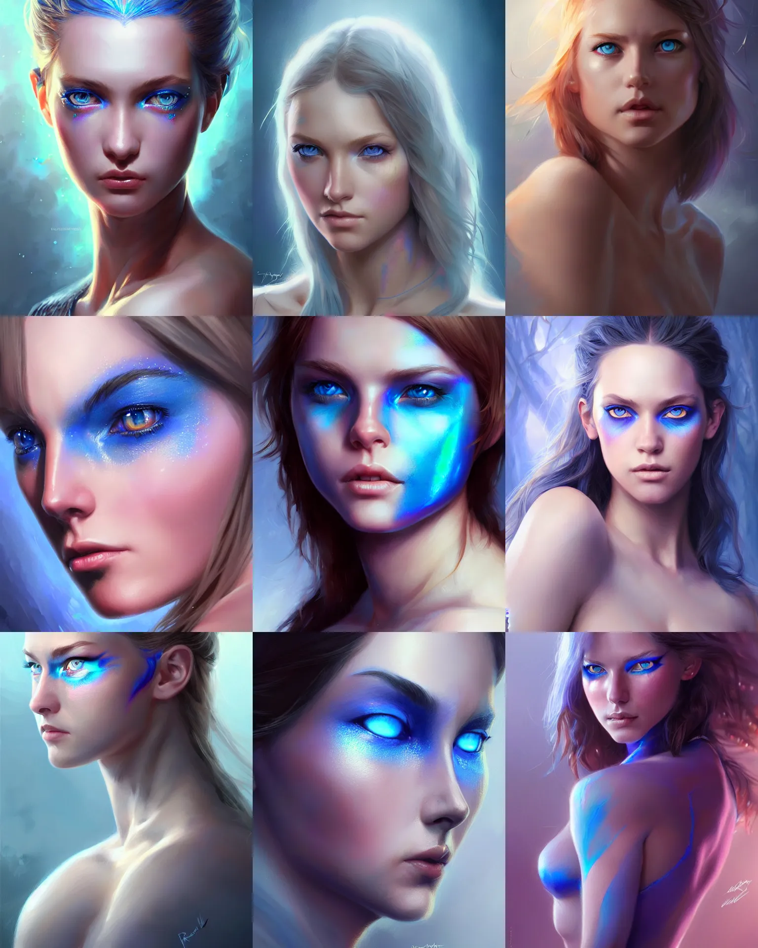Prompt: upper body painting of a girl with beautiful iridescent blue eyes, portrait, highly detailed, digital painting, artstation, concept art, sharp focus, dreamy quality illustration, art by artgerm and greg rutkowski, wlop and magali villeneuve