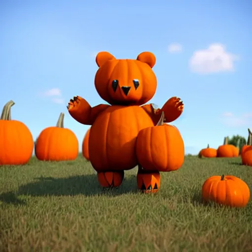 Image similar to a cute smiling bear made of pumpkins walking through the woods, unreal engine