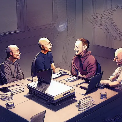 Image similar to cell shaded illustration of a meeting between elon musk, mark zuckerberg, jeff bezos, very detailled, art contest winner on behance, trendy on deviant art, by by artgem, greg rutkowski, by greg tocchini, by joe fenton