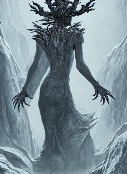 Image similar to a detailed full body portrait of frozen in stone black haired demon girl knelling in a highly detailed architecture, the queen of blades, diablo 4 queen, a beautiful face, by dorian cleavenger, greg rutkowski, wlop, astri lohne, zdzisław beksinski, bastien lecouffe - deharme trending on artstation