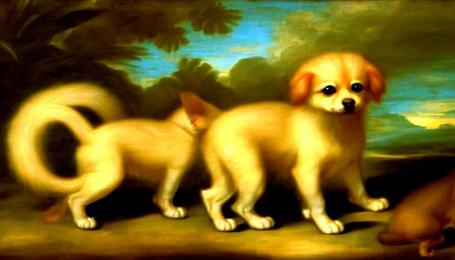 Prompt: a tropical dog dog kitten dog in the style of francisco goya, 4 k resolution, tropical background, tropical