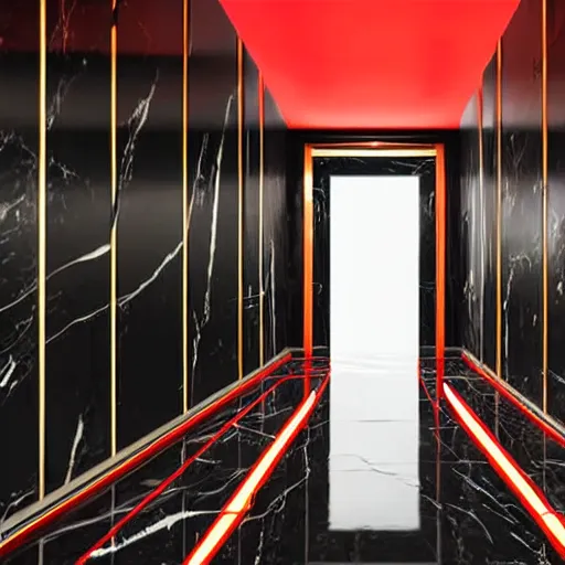 Image similar to a rectangular hallway of pure black reflective marble leading towards a red chair surrounded by gold cronenberg esque tools