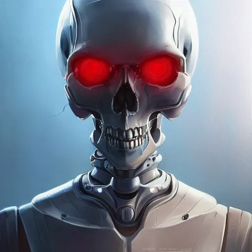 Image similar to skull - headed robot cyborg painting, illutstration, concept art, cyberpunk, futurism, comics art, artgerm, full body shot, wide angle