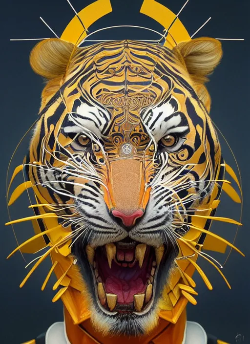 Image similar to symmetry!! portrait of a robot tiger, midsommar style, intricate, elegant, highly detailed, digital painting, artstation, concept art, smooth, sharp focus, illustration, art by artgerm and greg rutkowski and alphonse mucha, 8 k