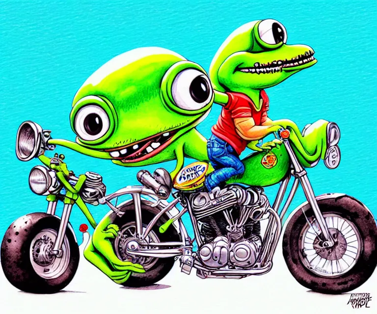 Cool Cartoon Rider Crocodile Character on Chopper Motorbike