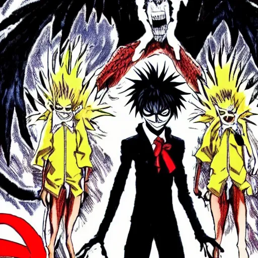 Prompt: Press photograph of Ryuk from the anime Death Note standing inside the Oval Office