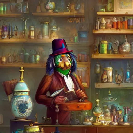 Image similar to Anthropomorphized parrot trader in his shop, wares, portrait, items, magic potions, carpet, window, fancy hat, sly expression , cunning expression, cute expression, presenting wares, D&D, fantasy, cinematic lighting, highly detailed, digital painting, artstation, concept art, smooth, sharp focus, illustration, warm light, cozy warm tint, magic the gathering artwork, volumetric lighting, 8k, art by Akihiko Yoshida, Greg Rutkowski