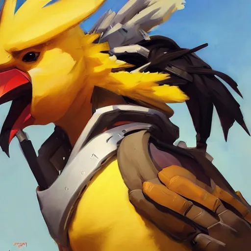 Image similar to greg manchess portrait painting of chocobo as overwatch character, medium shot, asymmetrical, profile picture, organic painting, sunny day, matte painting, bold shapes, hard edges, street art, trending on artstation, by huang guangjian and gil elvgren and sachin teng