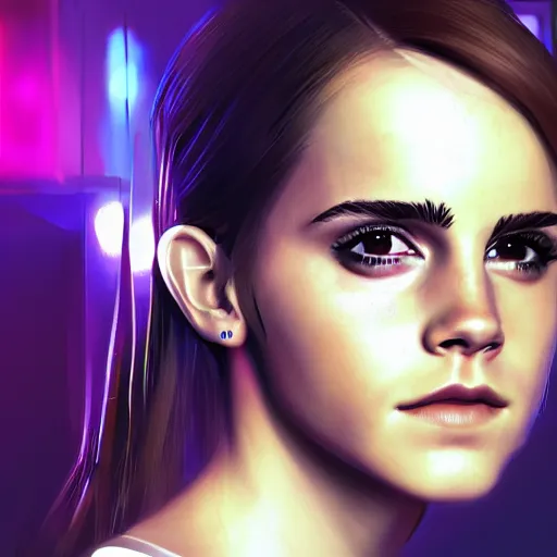 Image similar to Portrait of Emma Watson, cyberpunk style futuristic neon lights, artstation cgsociety masterpiece