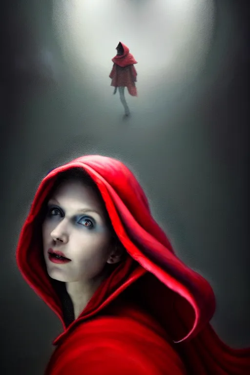 Image similar to hyperrealistic mixed media painting of beautiful Red Riding Hood, pale skin, full body, nervous expression, shadowy wolf figure looming overhead in background, stunning 3d render inspired art by P. Craig Russell and Barry Windsor-Smith + perfect facial symmetry + dim volumetric lighting, 8k octane beautifully detailed render, post-processing, extremely hyperdetailed, intricate, epic composition, grim yet sparkling atmosphere, cinematic lighting + masterpiece, trending on artstation, very very detailed, masterpiece, stunning