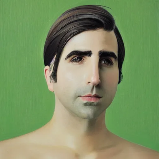Prompt: a beautiful portrait painting of jason schwartzman with a green skin tint feeling sick after a big pasta bowl, paint by Hayao Miyazaki