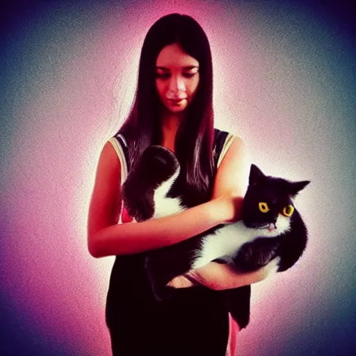 Image similar to a woman with long dark hair holding a cat in her arm standing on steps in a field at night, a hologram by kusama, instagram, optical illusion, full body, ultra hd, neon, pexels contest winner, high quality photo, rtx, hd, shiny eyes, a renaissance painting by sailor moon, anime, anime aesthetic