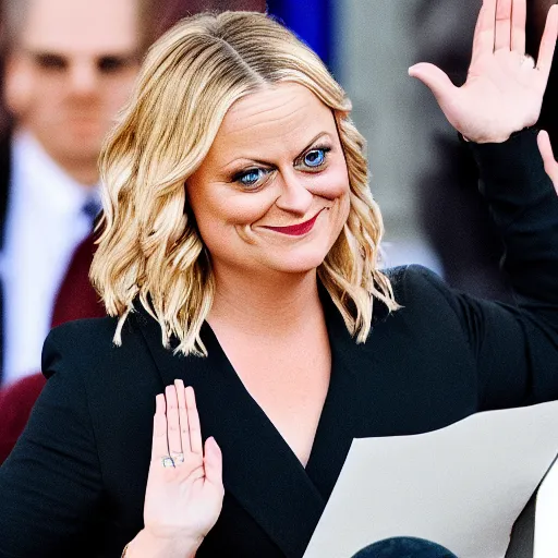 Prompt: close - up photo of amy poehler taking the oath of office at inauguration