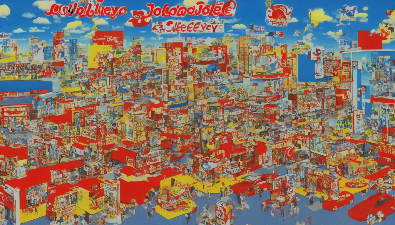 Prompt: Jollibee City, mixed media, by Tadanori Yokoo