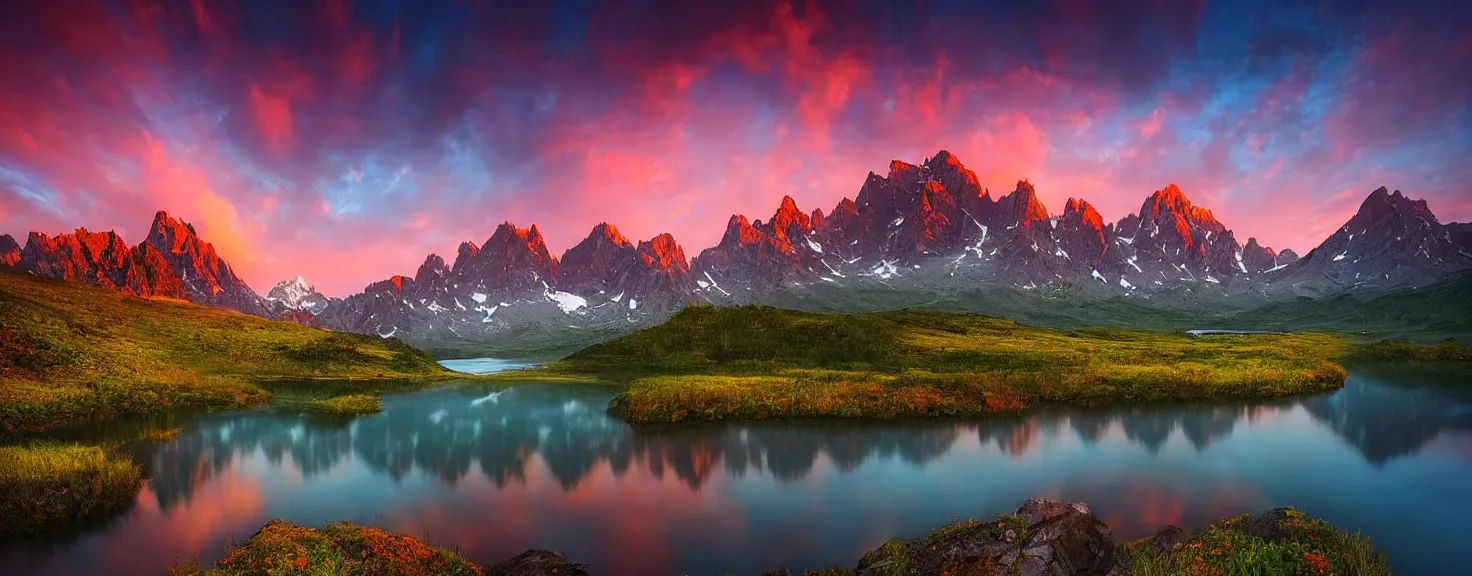 Image similar to amazing landscape photo of mountains with lake in sunset by marc adamus, beautiful dramatic lighting