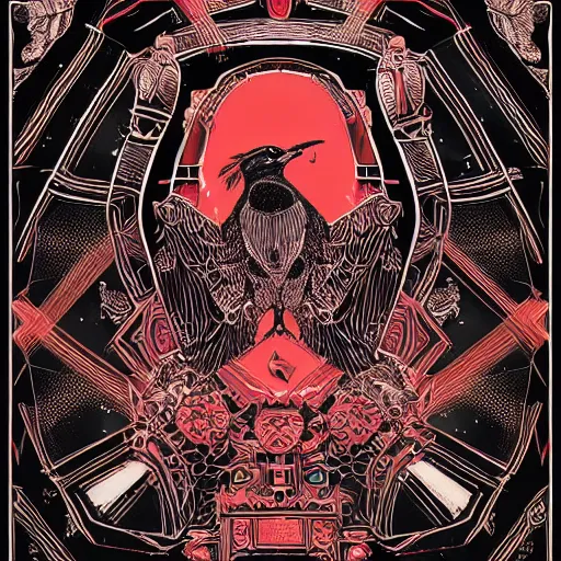 Prompt: black paper + elements + red + black + neon + baroque + rococo + ink + tarot card with ornate border frame + sebastien mitton, viktor antonov, sergey kolesov, detailed, intricate ink illustration + magic + glow + outline + laser + red + black + detailed robot falcon