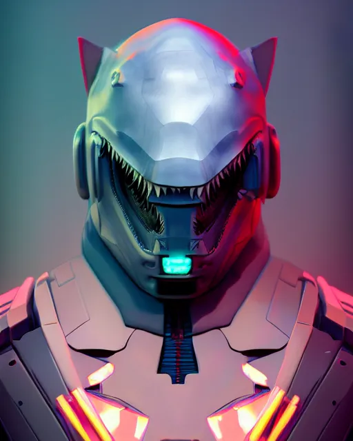 Image similar to half man half shark mech suit, cyberpunk portrait studio ghibli blender cinema 4 d hideaki anno new media art stanley rene lau beeple james jean marc simonetti elegant highly detailed digital painting artstation 4 k render 1 0 4 0 x 1 0 4 0