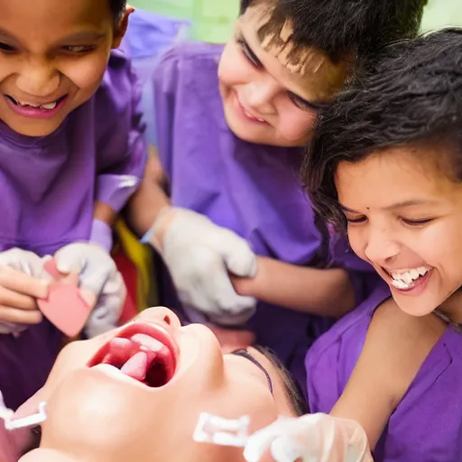 Image similar to A group of children laughing while performing open heart surgery on someone, detailed photography