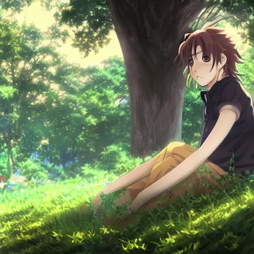 Image similar to photorealistic, green long hair anime boy meets a beautiful smiling anime girl with brown hair and high ponytail sitting under a tree, anime key visual, digital art, anime screenshot, kyoto animation, makoto shinkai, trending on pixiv