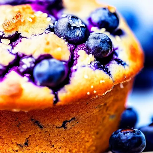 Prompt: the most delicious closeup macro photograph of a blueberry muffin, looks amazing and delicious, sugar crusted, baked to perfection juicey delicious blueberry mix