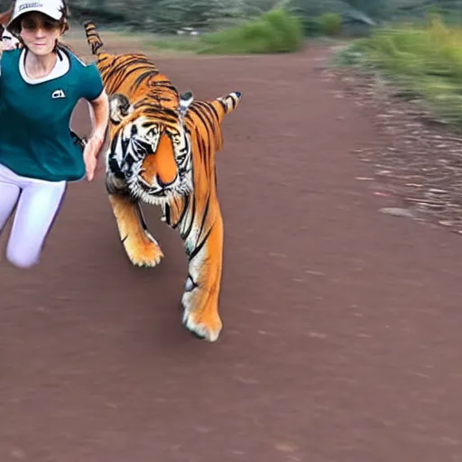 Image similar to screenshot of go pro footage emma watson running in front of tiger