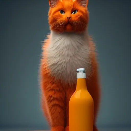Image similar to a fluffy orange cat standing next to a bottle of medicine. animal. digital art. artstation. illustration. octane render.