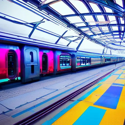 Prompt: space train station, futuristic, external view, neon colours, highly saturated, high def, 8 k, hd, highly detailed,