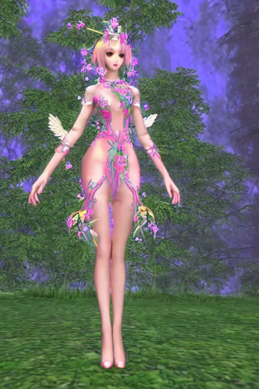 Image similar to cute female forest spirit wearing floral cybernetic hungarian valentino resort mystical angelic dress in a 3 d psx ps 2 jrpg style, overgrown esoteric cyber cathedral sanctuary, fashion gameplay screenshot, highly detailed, morning pink gold light