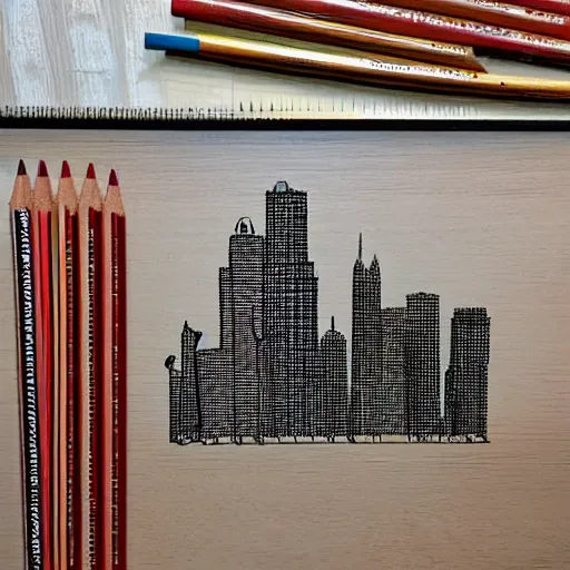 Prompt: a city skyline made out of pencils