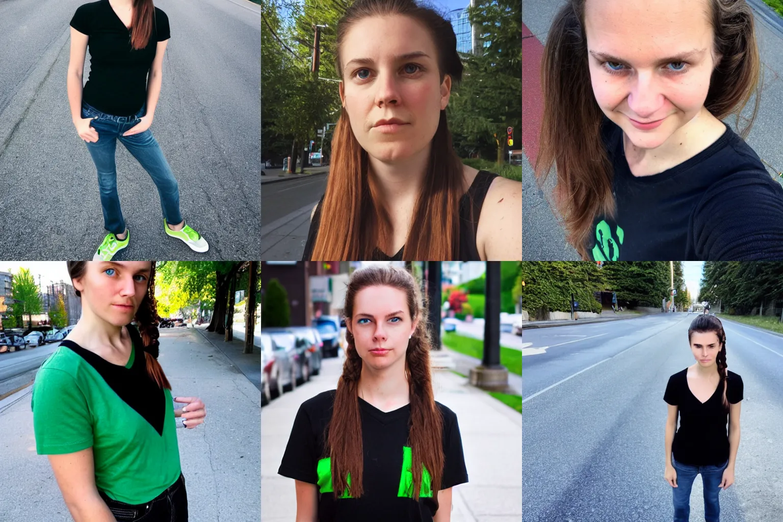 Prompt: iPhone portrait of an 20-something Canadian dressed in, light brown hair, green eyes, wearing a black vneck tshirt, blue jeans, pony tail, girl next door innocent look, on a sidewalk of Vancouver