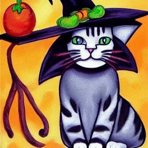 Image similar to beautiful work of art artistic painting realistic masterpiece where a cat comes out with a witch hat