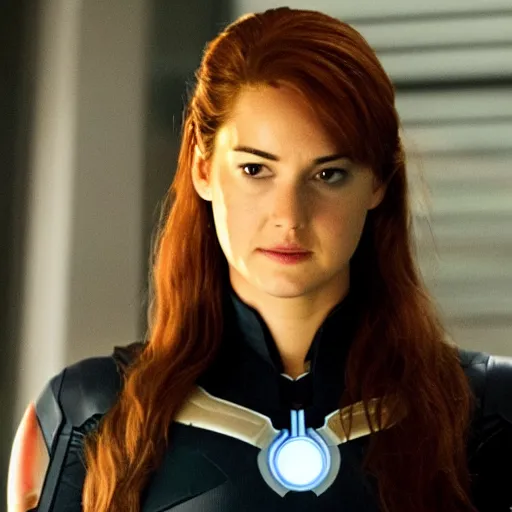 Image similar to A still of Shailene Woodley as Black Widow in Iron Man 2 (2010), close-up