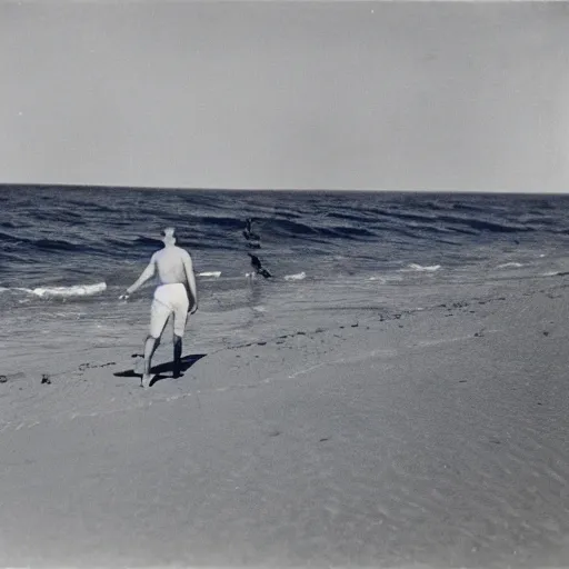 Image similar to a 1 9 2 8 photograph of a shark with human legs walking on the beach