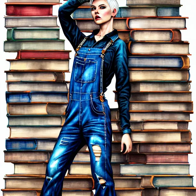 Image similar to full body pose, beautiful adult woman, short white hair shaved sides, dirty, grungy, grunge, long sleeve, painted overalls, stacks of giant books, highly detailed, 4 k, hdr, smooth, sharp focus, high resolution, award - winning photo, artgerm, photorealistic