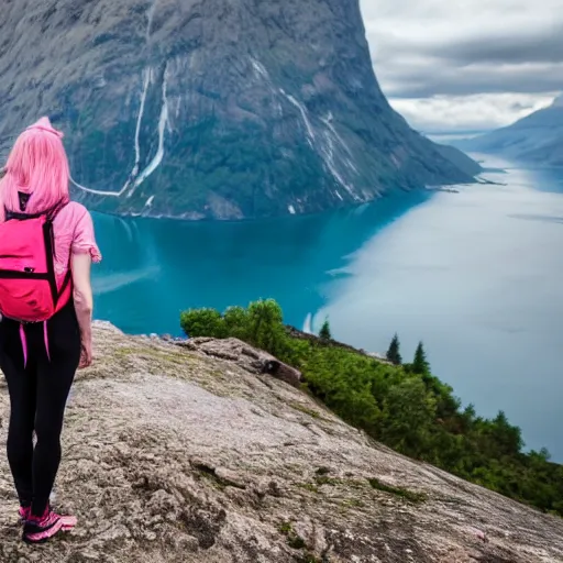 Image similar to a young woman with long pink hair, looking at camera, hiking clothes, tank top, backpack, norway, fjords in background, cinematic, beautiful, stunning, day time, epic, 8 k, 1 6 : 9