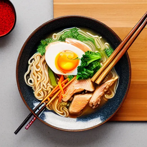 Prompt: A delicious ramen with chicken, eggs, and veggies, photorealistic imagery, 35mm photography, 4k, 8k