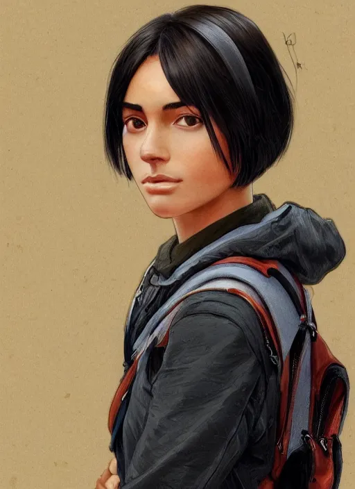 Prompt: Close-up portrait of kind young tanned woman with short black hair in a bob cut, with a backpack, slightly dirty face, transparent background, png, highly detailed, digital painting, artstation, concept art, sharp focus, illustration, art by artgerm and greg rutkowski and alphonse mucha