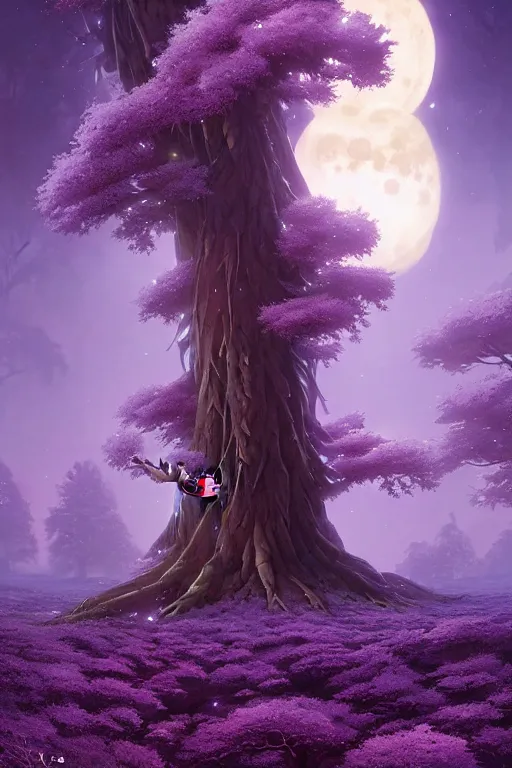 Image similar to giant tree in snow with purple flowers on surface of the moon, unreal engine, fantasy art by greg rutkowski, loish, rhads, ferdinand knab, makoto shinkai and lois van baarle, ilya kuvshinov, rossdraws, tom bagshaw, global illumination, radiant light, detailed and intricate environment