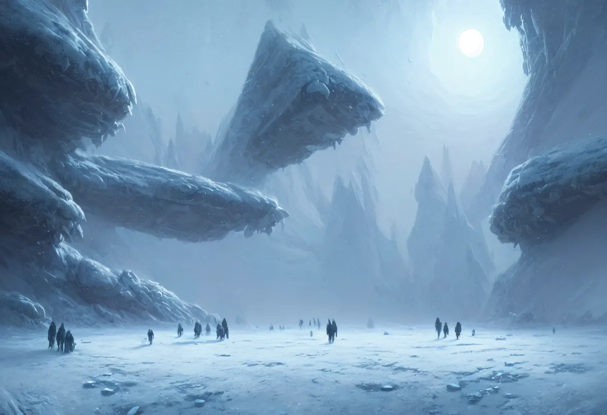 Image similar to ground level view, surface of frozen winter alien planet. morning fog, ultra high definition, ultra detailed, matte painting, by greg rutkowski and ross tran and wlop