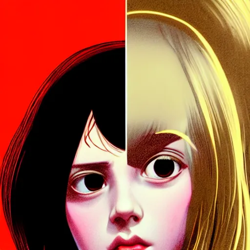 Image similar to famous young actress with bored eyes and dark circles staring into your soul. underground box office hit, comedy and seventies italian horror movie, unreal engine, intricate, ultra detailed 8 k, ambient occlusion, best, cool, extremely beautiful and aesthetic shape of face and neck, art by hiroaki samura and ilya kuvshinov and rossdraws andy warhol