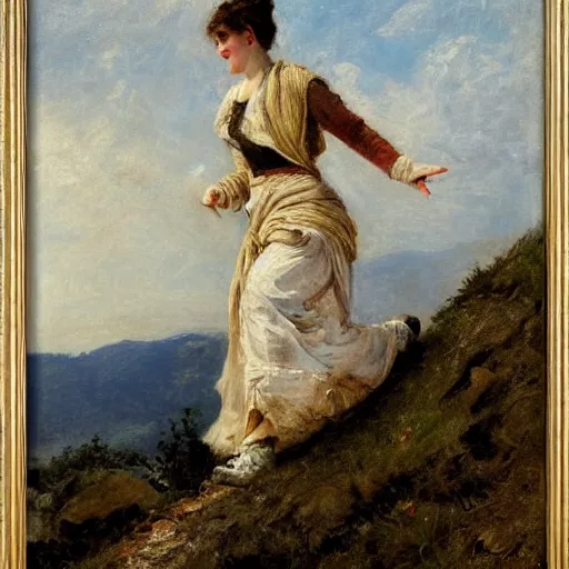 Image similar to a young woman climbing a mountain, by alfred stevens