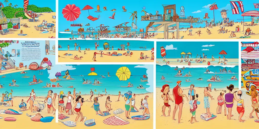 Image similar to a full page spread from the where's waldo at the beach book, waldo in the top right of frame, high detail illustration, coherent