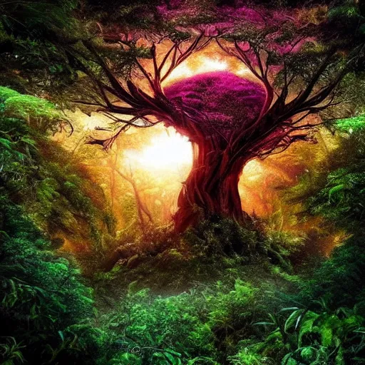 Image similar to horrific, spectacular tree in a densely overgrown jungle, fantasy, dreamlike sunraise, ultra realistic, atmospheric, stopped in time, epic