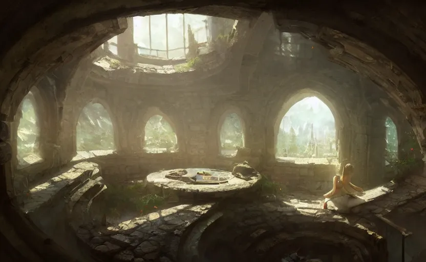 Image similar to painting of an interior of a hidden ring - shaped living quarters overlooking the great room, well maintained, clean, medieval, fantasy genre, natural light, fantasy, natural light, concept art, by greg rutkowski and craig mullins, cozy atmospheric and cinematic lighting, trending on artstation