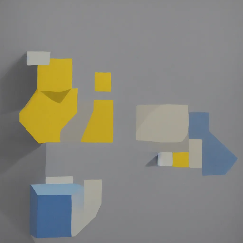 Image similar to 3 dimensional solid large geometric of solid oil paint, with strong top right lighting creating shadows, colours cream naples yellow and blue - grey