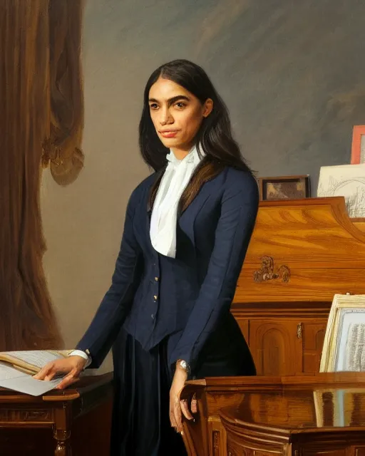 Prompt: close - up portrait of the united states president, alexandria ocasio - cortez, standing at the resolute desk, 1 8 4 8, attractive, oil on canvas by william sidney mount, trending on artstation, national archives