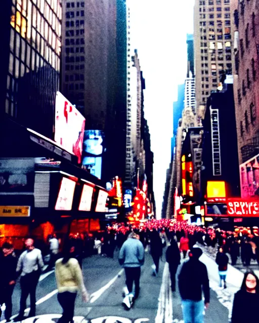 Prompt: photo of new york street with all people have hollow eyes and crazy grin on face