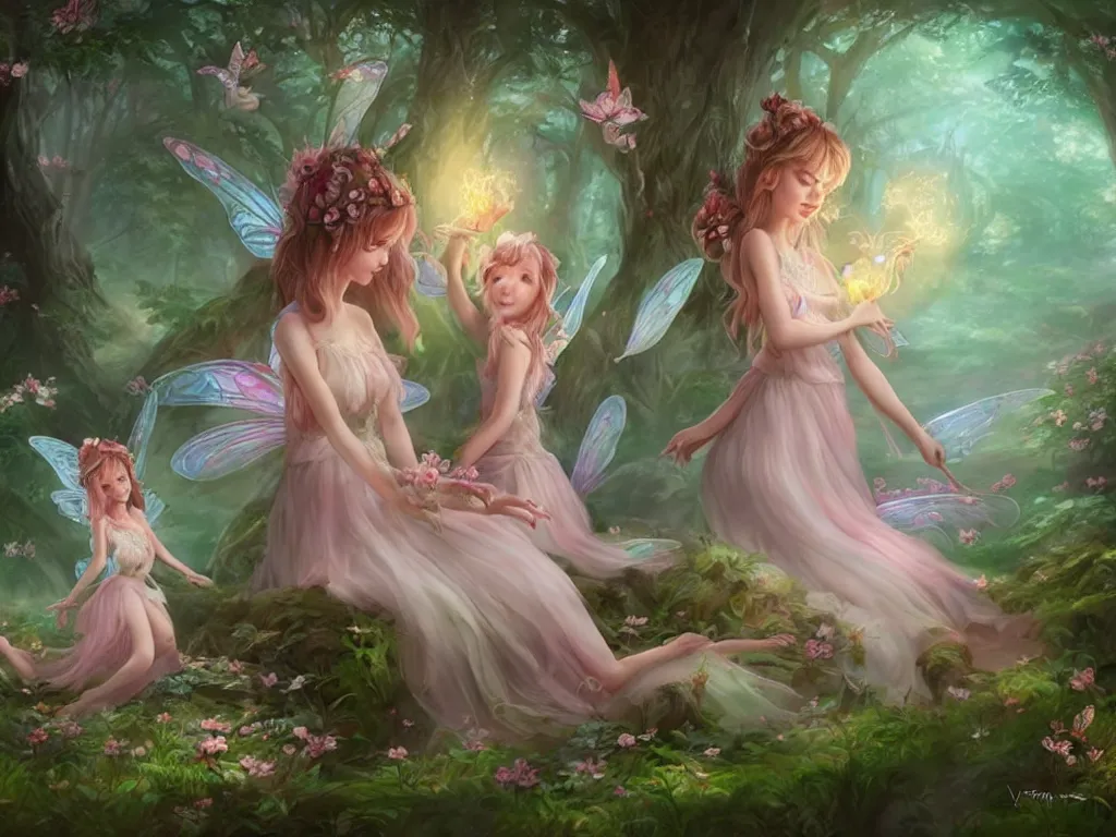 Image similar to two cute fairy in the dreamy forest, fantasy, dreamlike, 8 k resolution, hyper detailed, d & d, character design, digital painting, trending on artstation, sharp focus, illustration, art by artgerm, viktoria gavrilenko, hoang lap, fuji choko, steve zheng