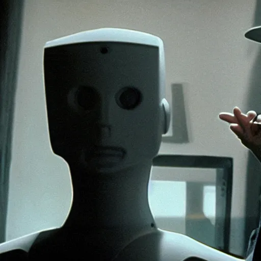 Prompt: movie scene of a man with a robot head, movie still, acting, cinematic composition, cinematic lighting, Movie by David Lynch and Andrzej Żuławski, trending on artsation